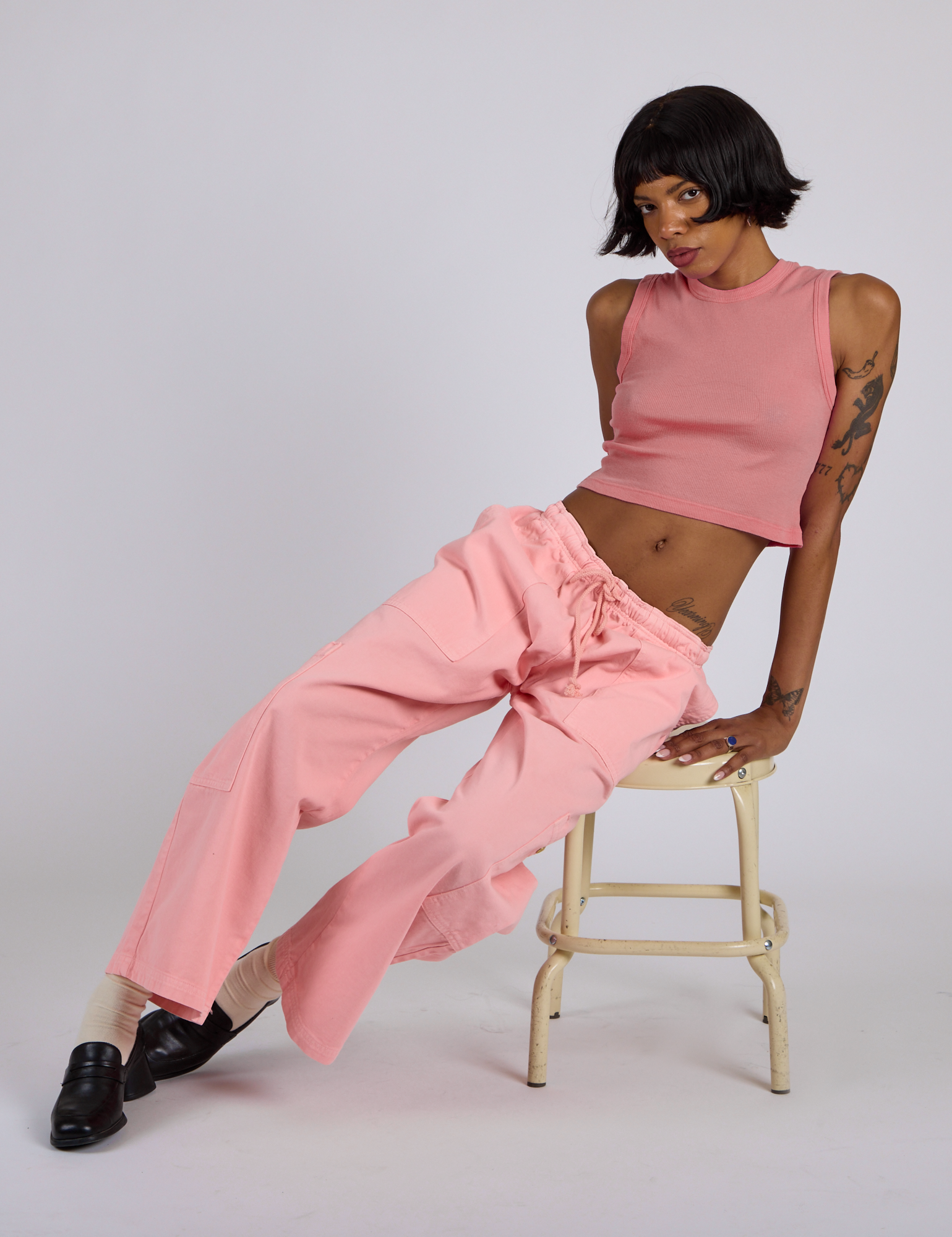 Drop Pocket Cargo Pants in Baby Pink and matching Muscle Tee on Kira