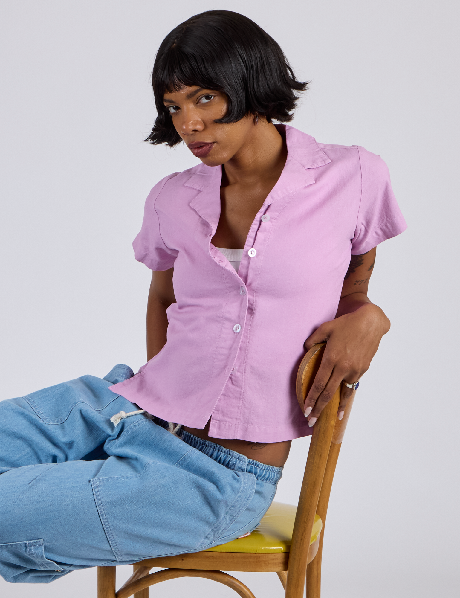 Kira is wearing Pantry Button-Up in Lilac Purple