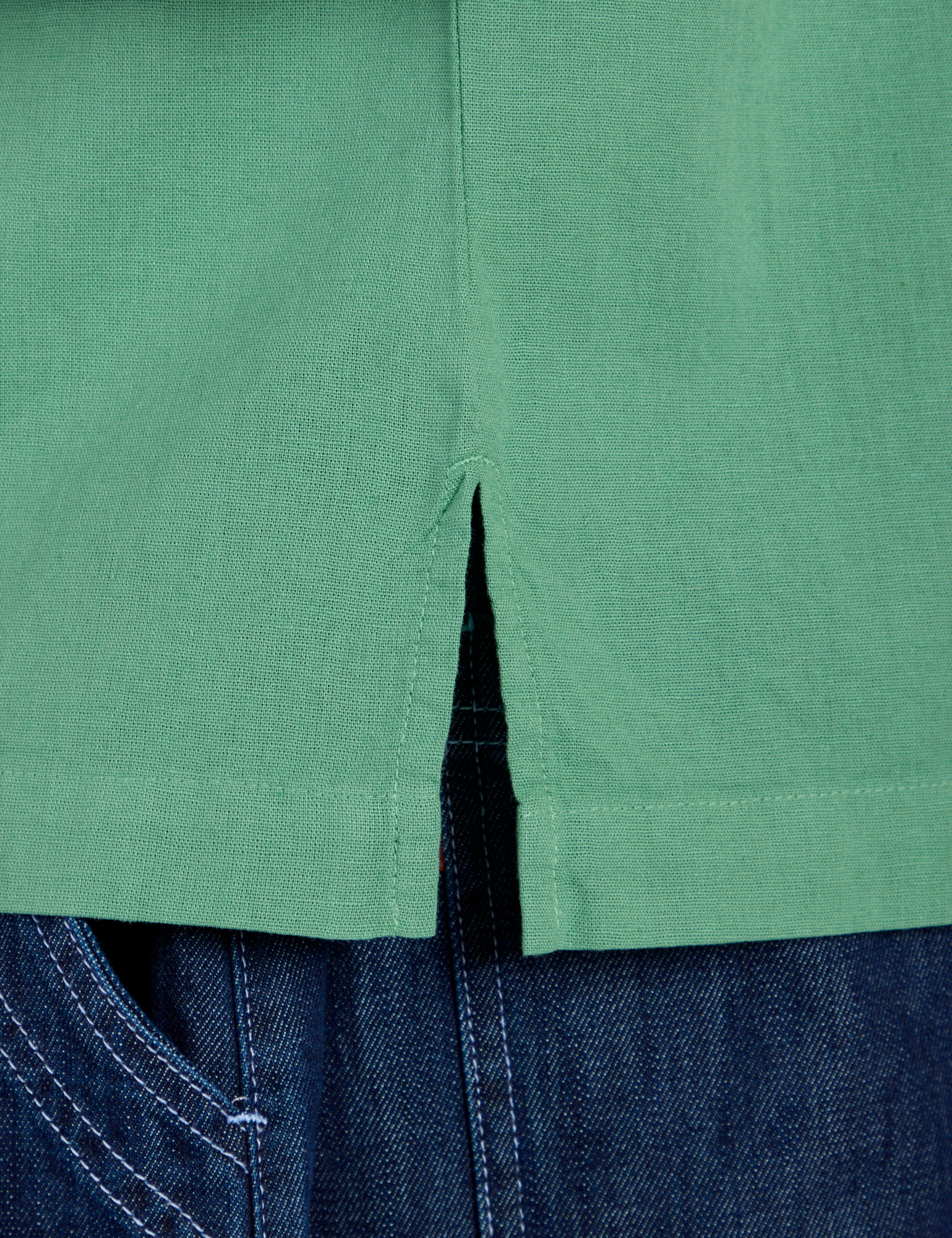 Pantry Button-Up in Seafoam Green side vent close up