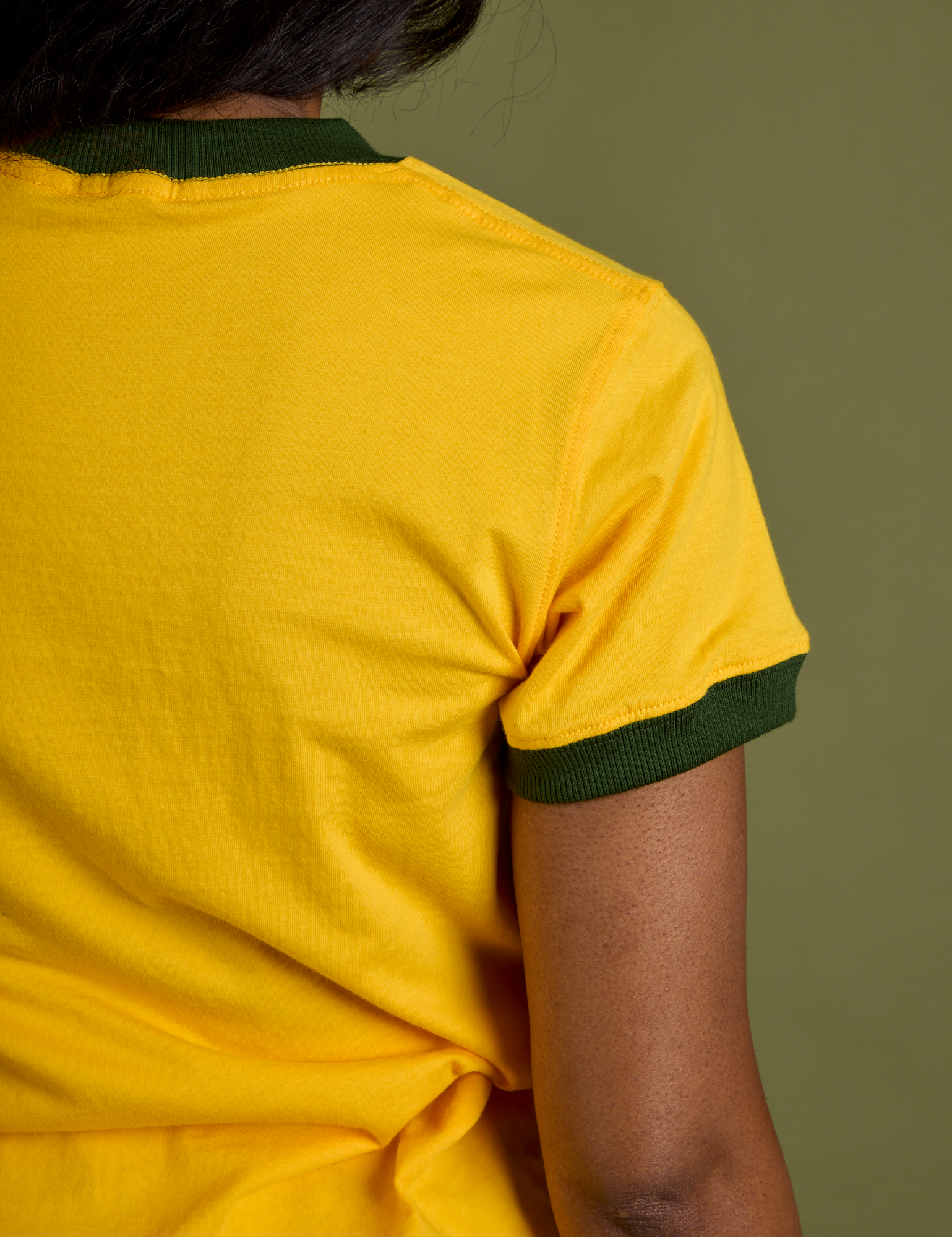 Vintage Ringer Tee in Sunshine Yellow back view close up on Kandia