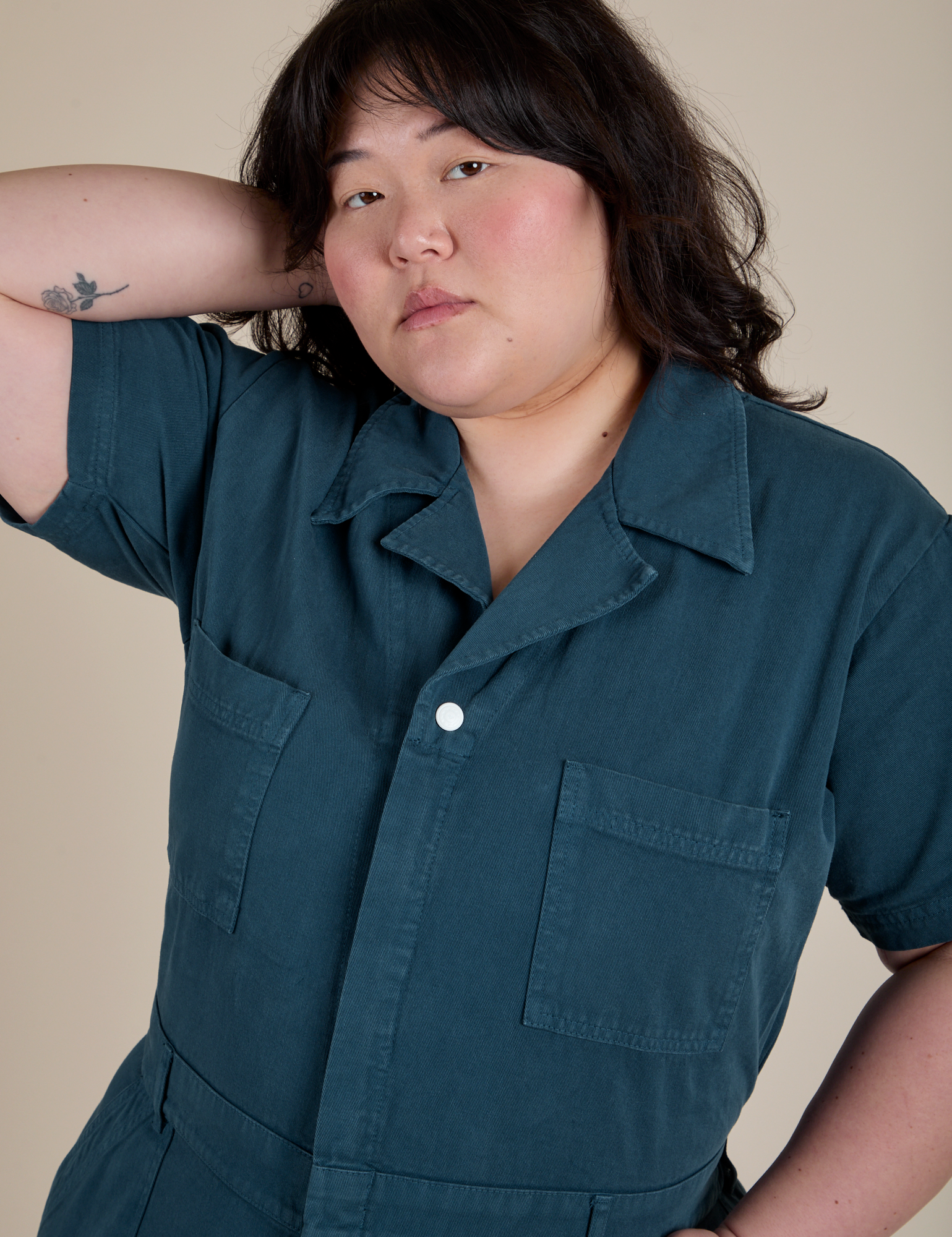 Front close up of Short Sleeve Jumpsuit in Lagoon on Ashley