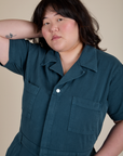 Front close up of Short Sleeve Jumpsuit in Lagoon on Ashley
