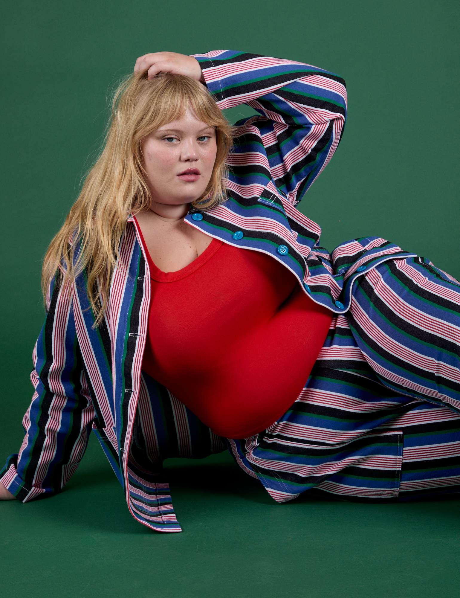 Juliet is wearing Work Pants in Pacific Stripe