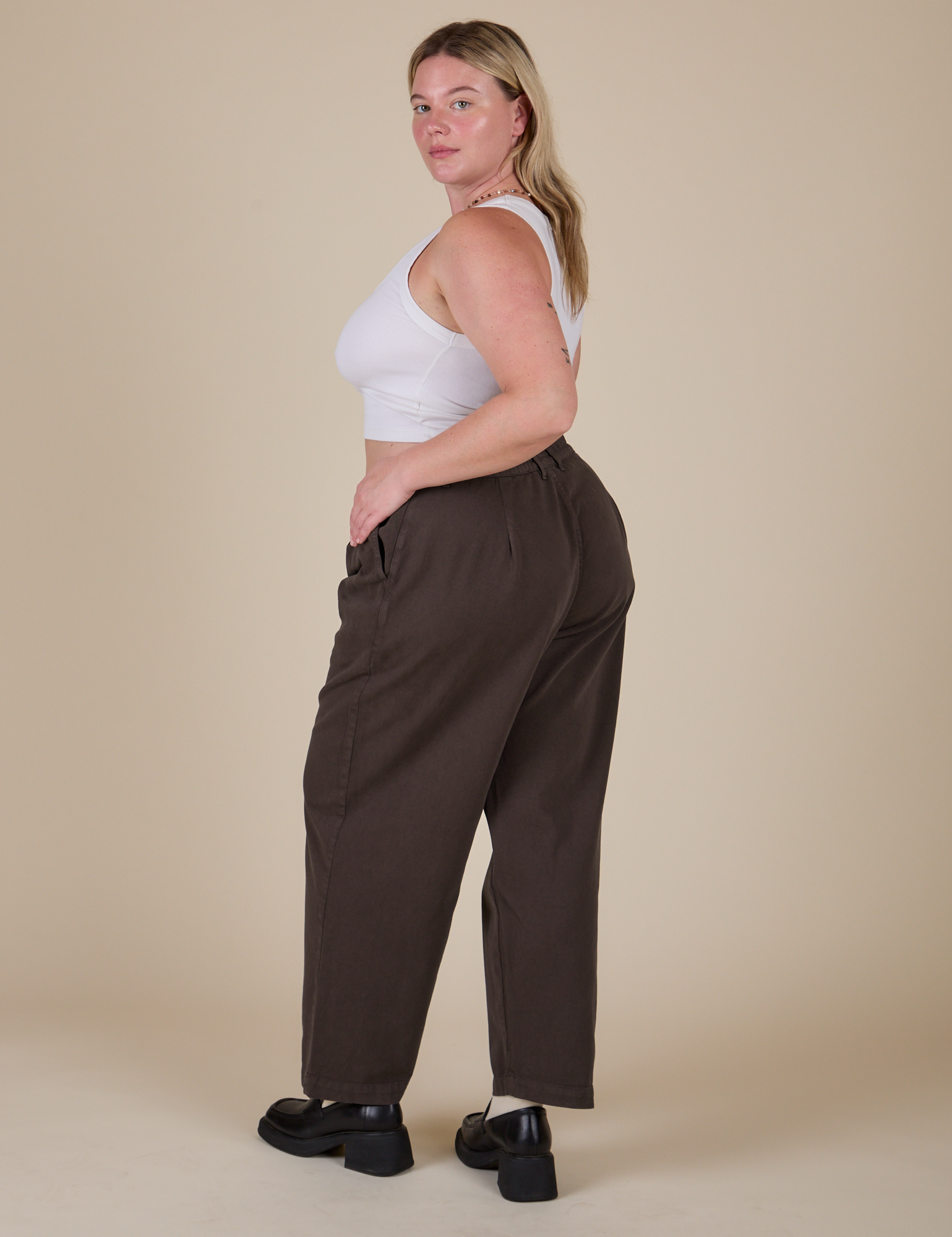 Angled back view of Heavyweight Trousers in Espresso Brown on Lish