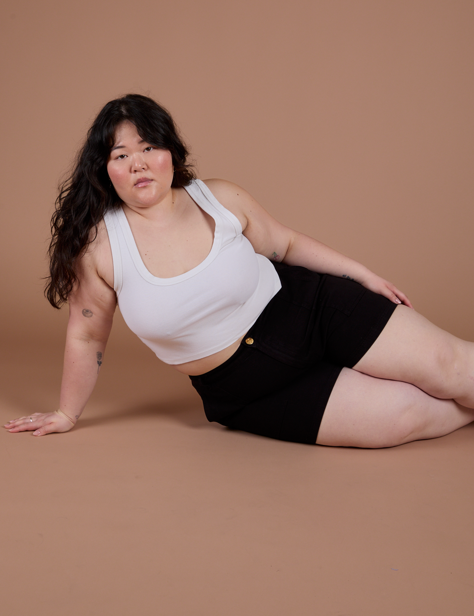 Classic Work Shorts in Basic Black and Cropped Tank in Vintage Tee White on Ashley