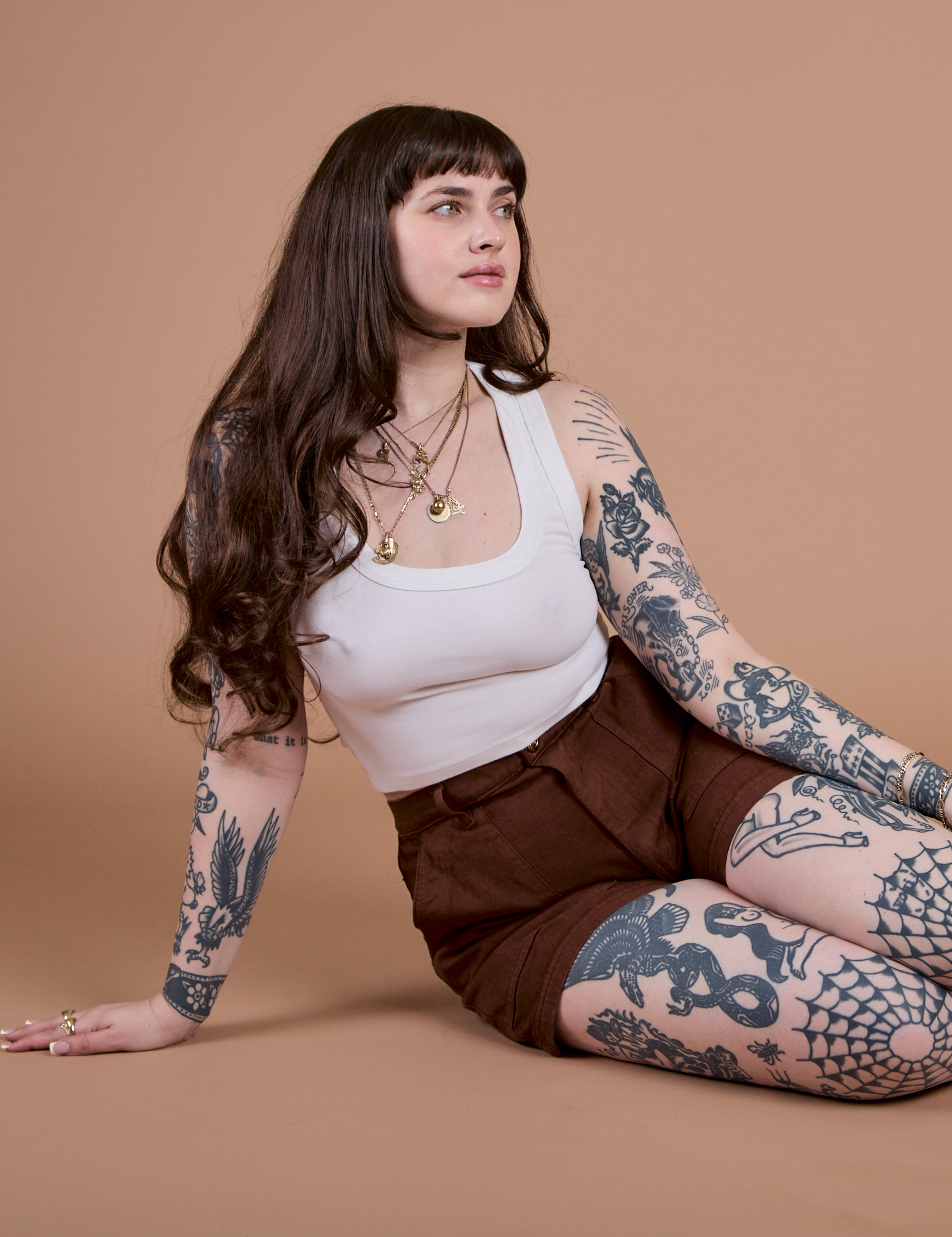 Classic Work Shorts in Fudgesicle Brown and Cropped Tank in Vintage Tee White on Sydney