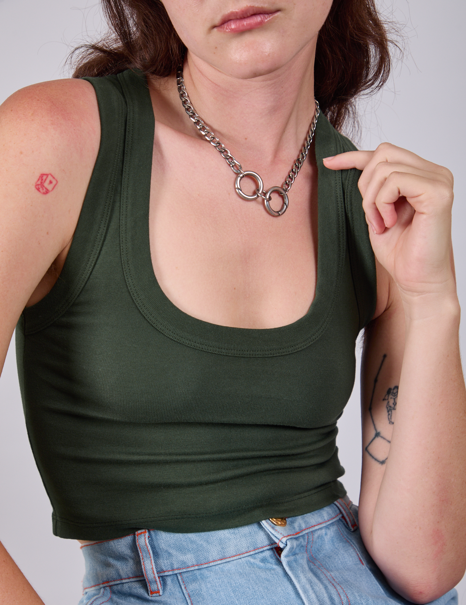 Front close up of Cropped Tank Top in Swamp Green on Alex