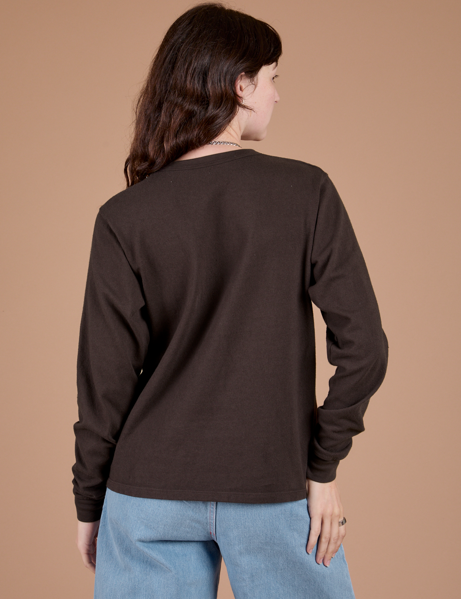 Long Sleeve Burly Tee in Espresso Brown back view on Alex