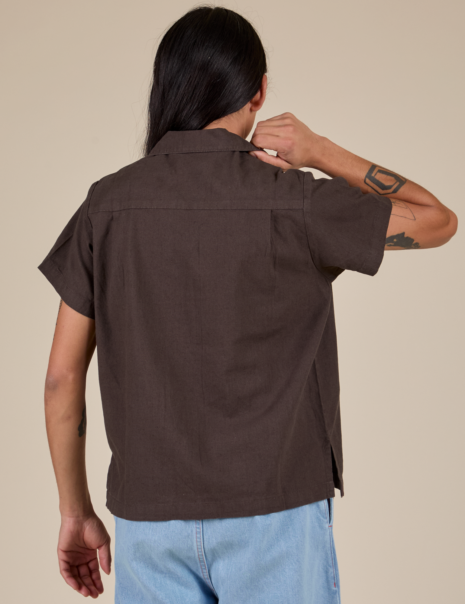 Pantry Button-Up in Espresso Brown back view on Anthony