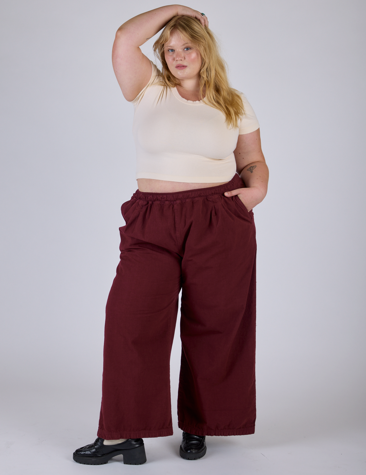 Pleated Pull-On Pants - Red Wine