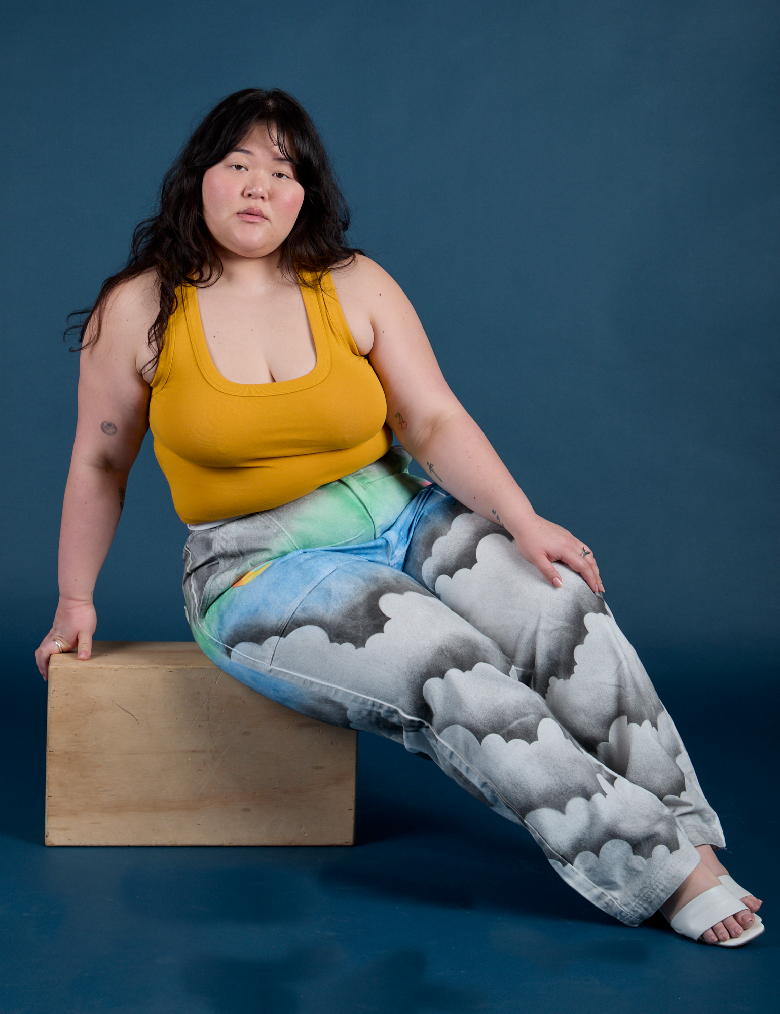 Work Pants in Night Sky Airbrush and Cropped Tank in Mustard Yellow on Ashley