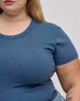 Close up of Baby Tee in French Blue on Juliet