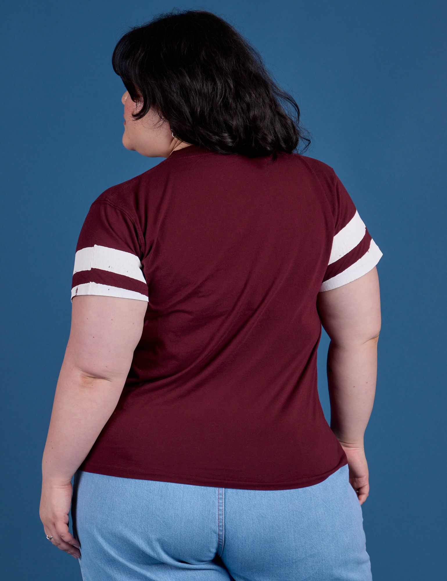 Painted Vintage Tee in Red Wine back view on Ashley