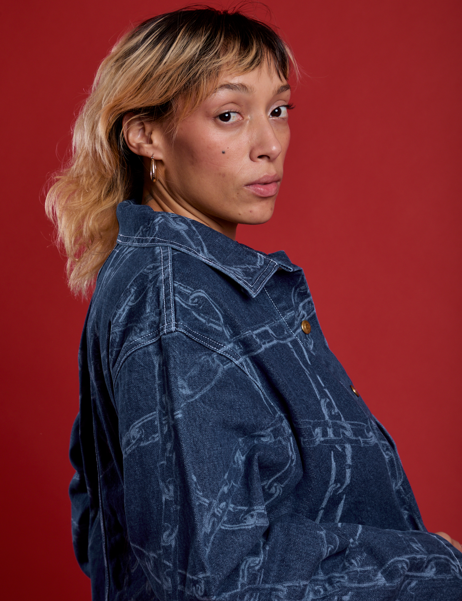 Close up side view of Chain Link Work Jacket on Tiara