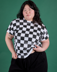 Ashley is 5'7" and wearing L Checker Organic Tee in Black