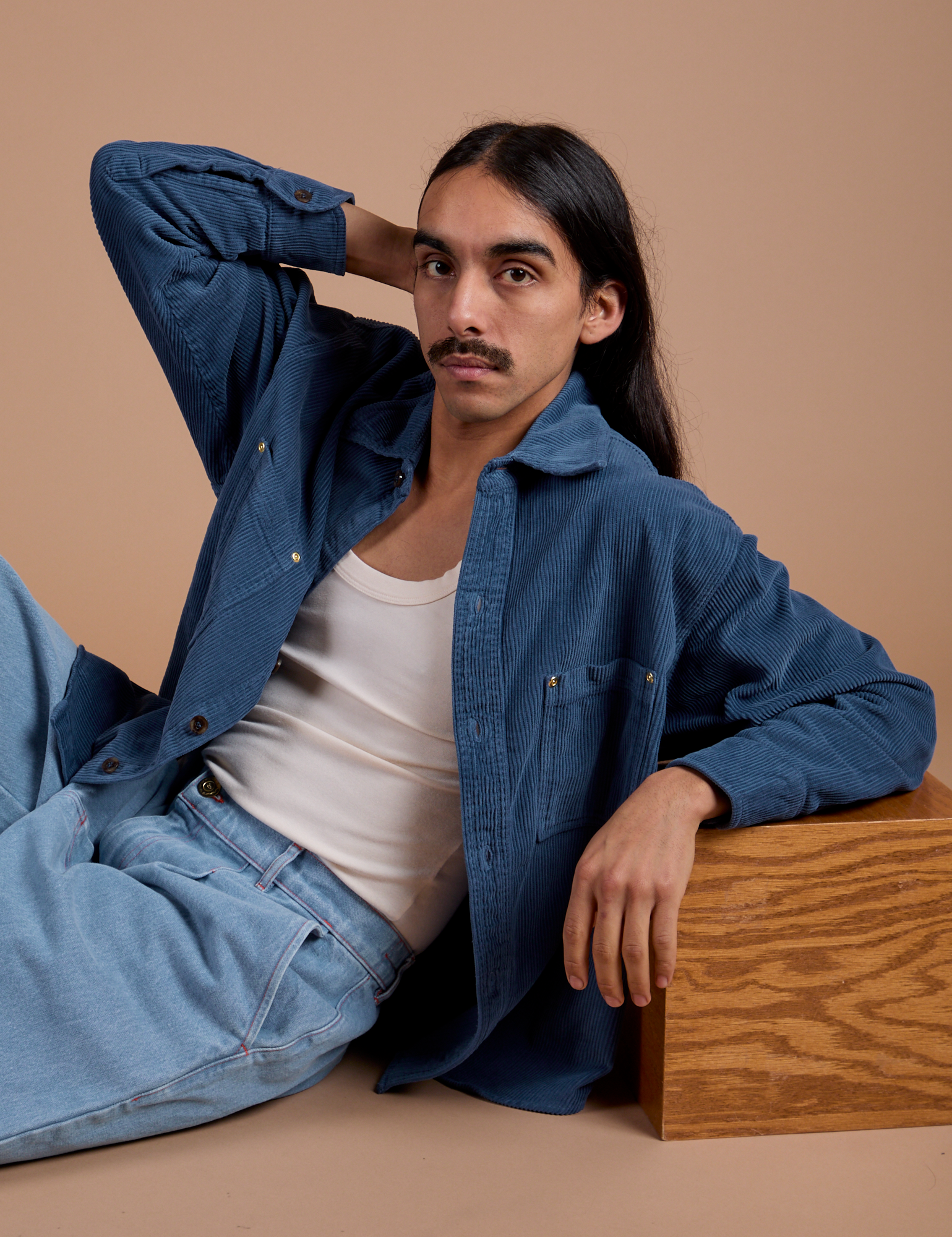 Anthony is wearing Cropped Corduroy Overshirt in French Blue