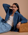 Anthony is wearing Cropped Corduroy Overshirt in French Blue