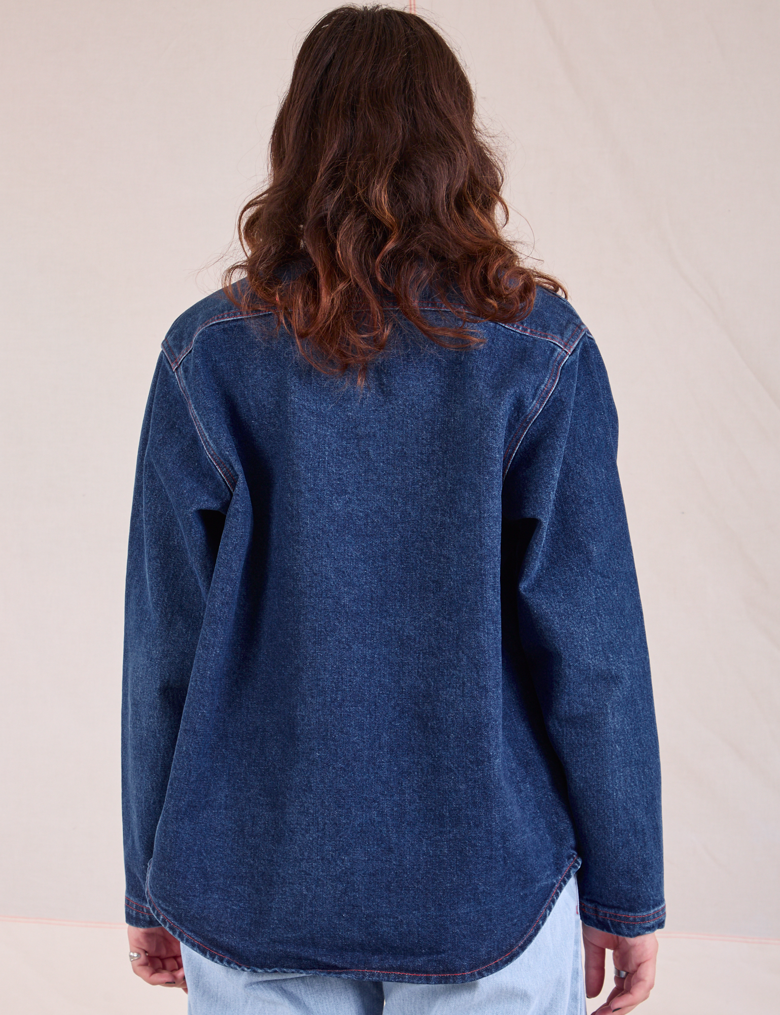 Denim Overshirt in Dark Wash back view on Alex