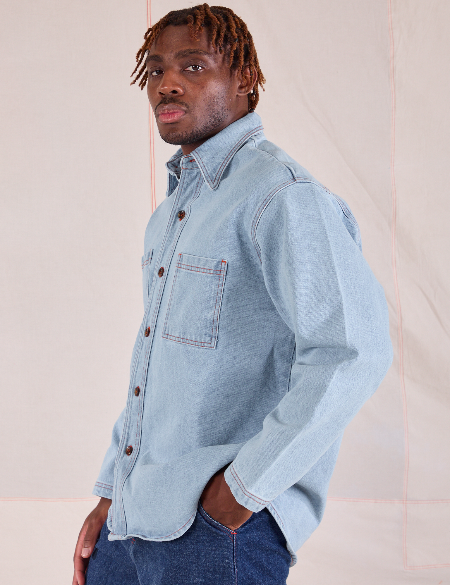 Denim Overshirt in Light Wash side view on Issac