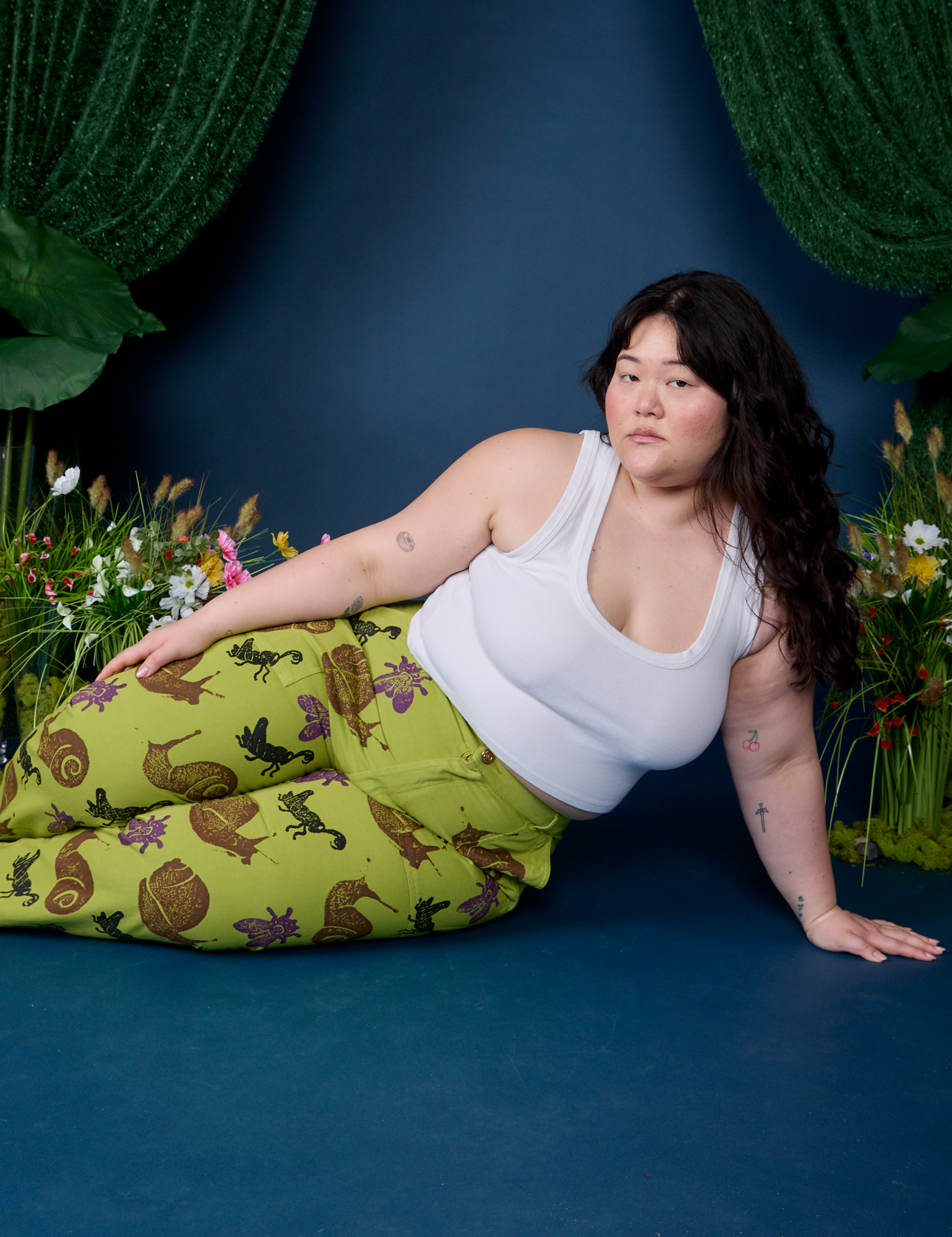 Paintstamped Work Pants in Froggy and vintage tee white Cropped Tank on Ashley