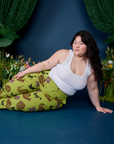 Paintstamped Work Pants in Froggy and vintage tee white Cropped Tank on Ashley
