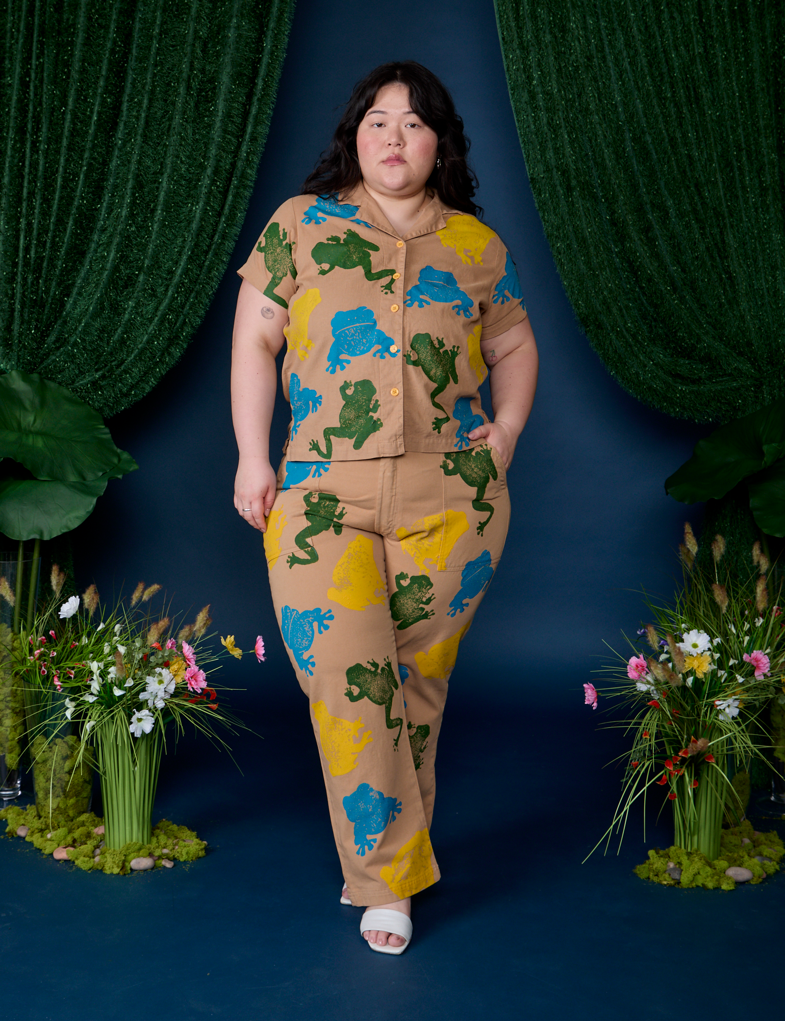 Paintstamped Pantry Button-Up in Froggy and matching Work Pants on Ashley