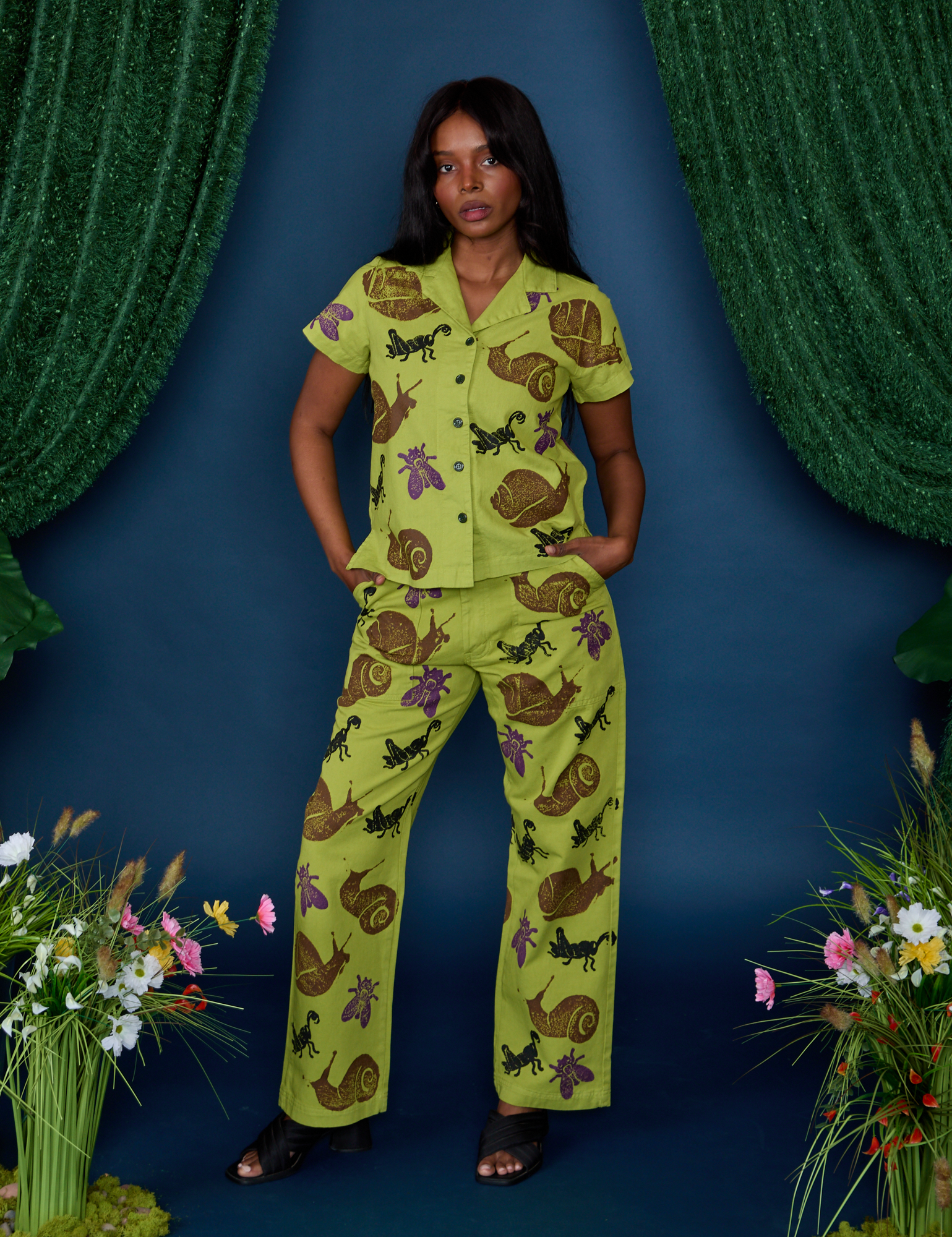 Paintstamped Pantry Button-Up in Big Bug and matching Work Pants on Kandia