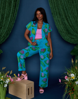 Kandia is wearing Paintstamped Work Pants in Lilypad and matching Pantry Button-Up
