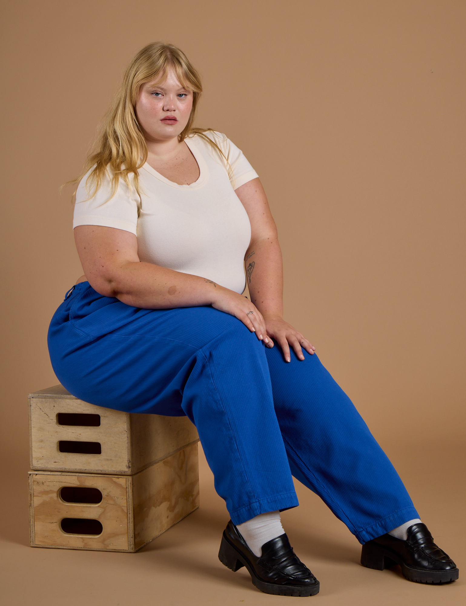 Heritage Trousers in Royal Blue and vintage off white Cropped Baby Tee on Juliet