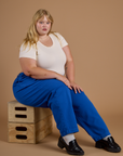 Heritage Trousers in Royal Blue and vintage off white Cropped Baby Tee on Juliet