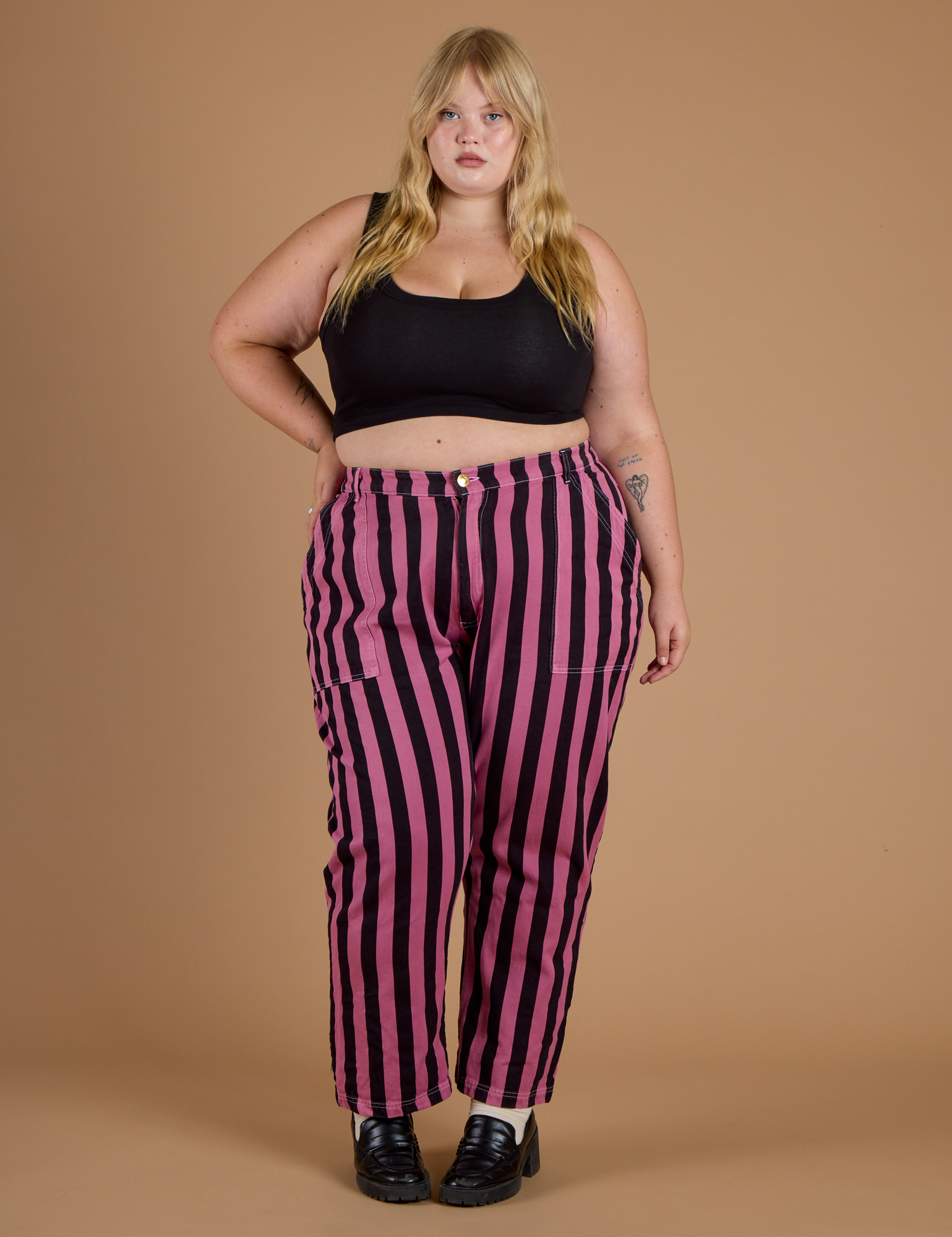 Black Stripe Work Pants - Bubblegum Pink