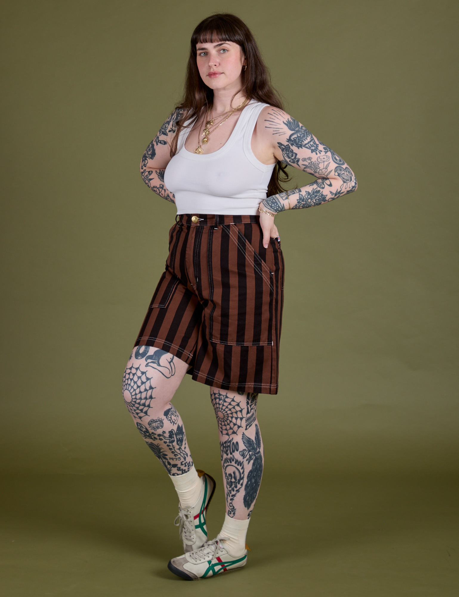 Angled front view of Longline Work Shorts in Fudgesicle Brown and vintage tee white Cropped Tank on Sydney