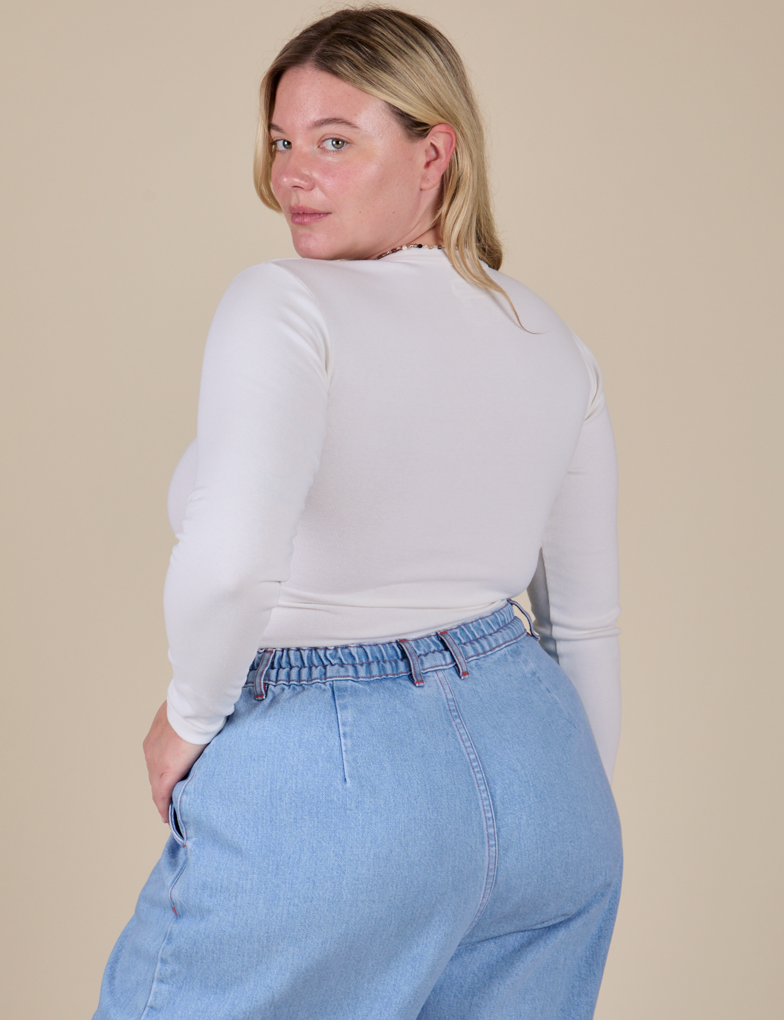 Long Sleeve Baby Tee in Vintage Tee Off-White angled back view on Lish