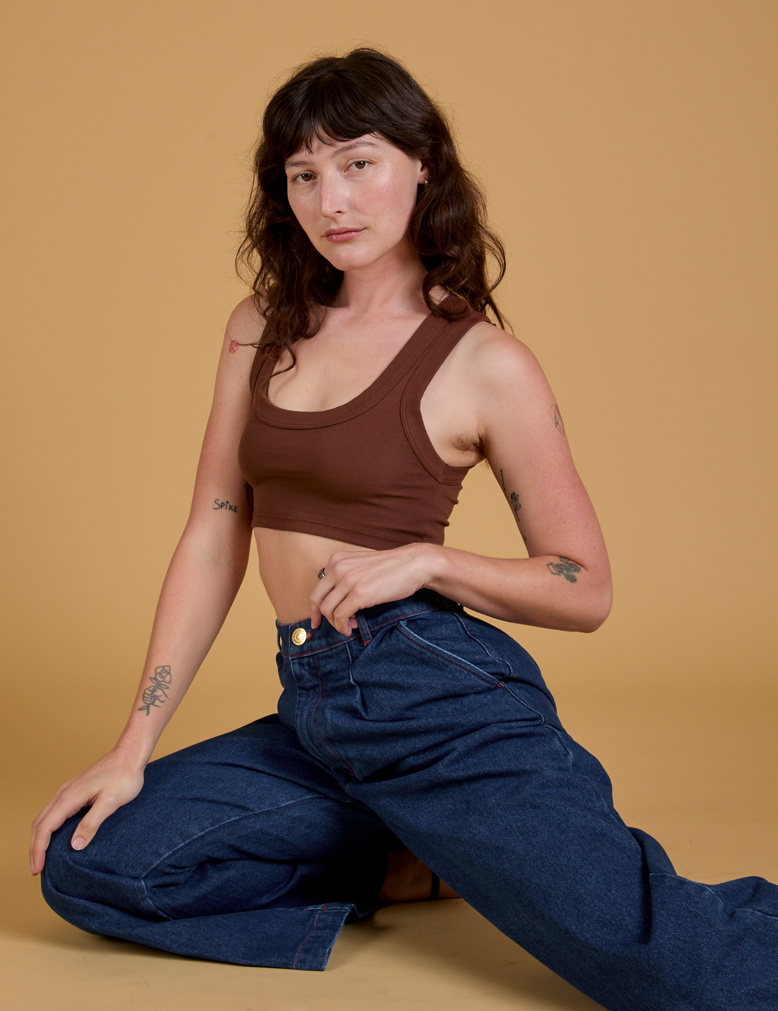 Mini Tank in Fudgesicle Brown and dark wash Indigo Wide Leg Trousers on Alex