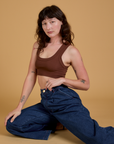 Mini Tank in Fudgesicle Brown and dark wash Indigo Wide Leg Trousers on Alex