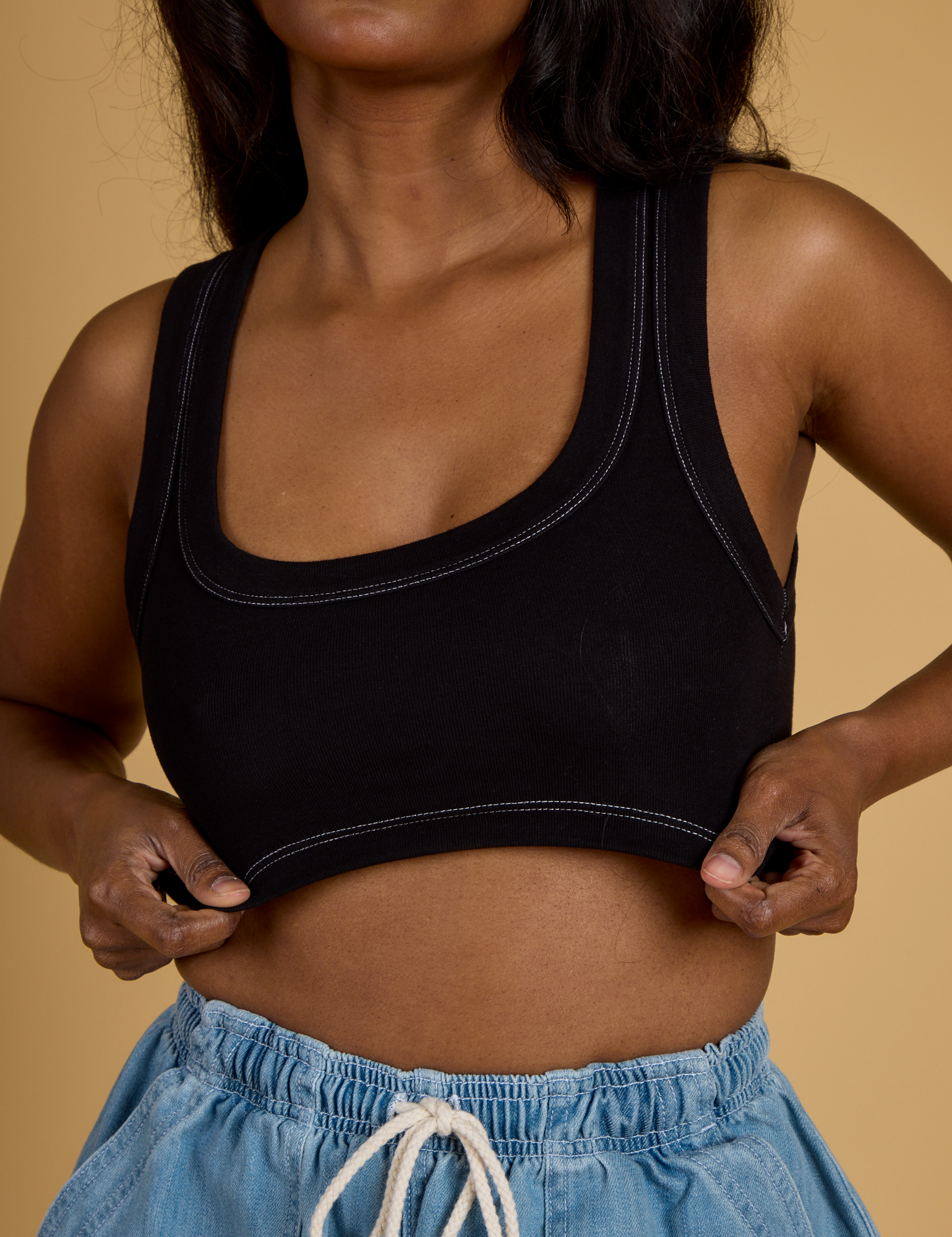 Contrast Stitch Mini Tank in Basic Black front close up on Kandia