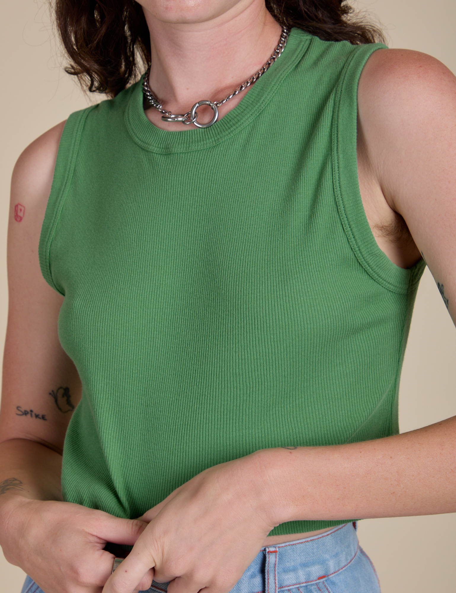 Muscle Tee in Seafoam Green front close up on Alex