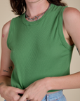 Muscle Tee in Seafoam Green front close up on Alex