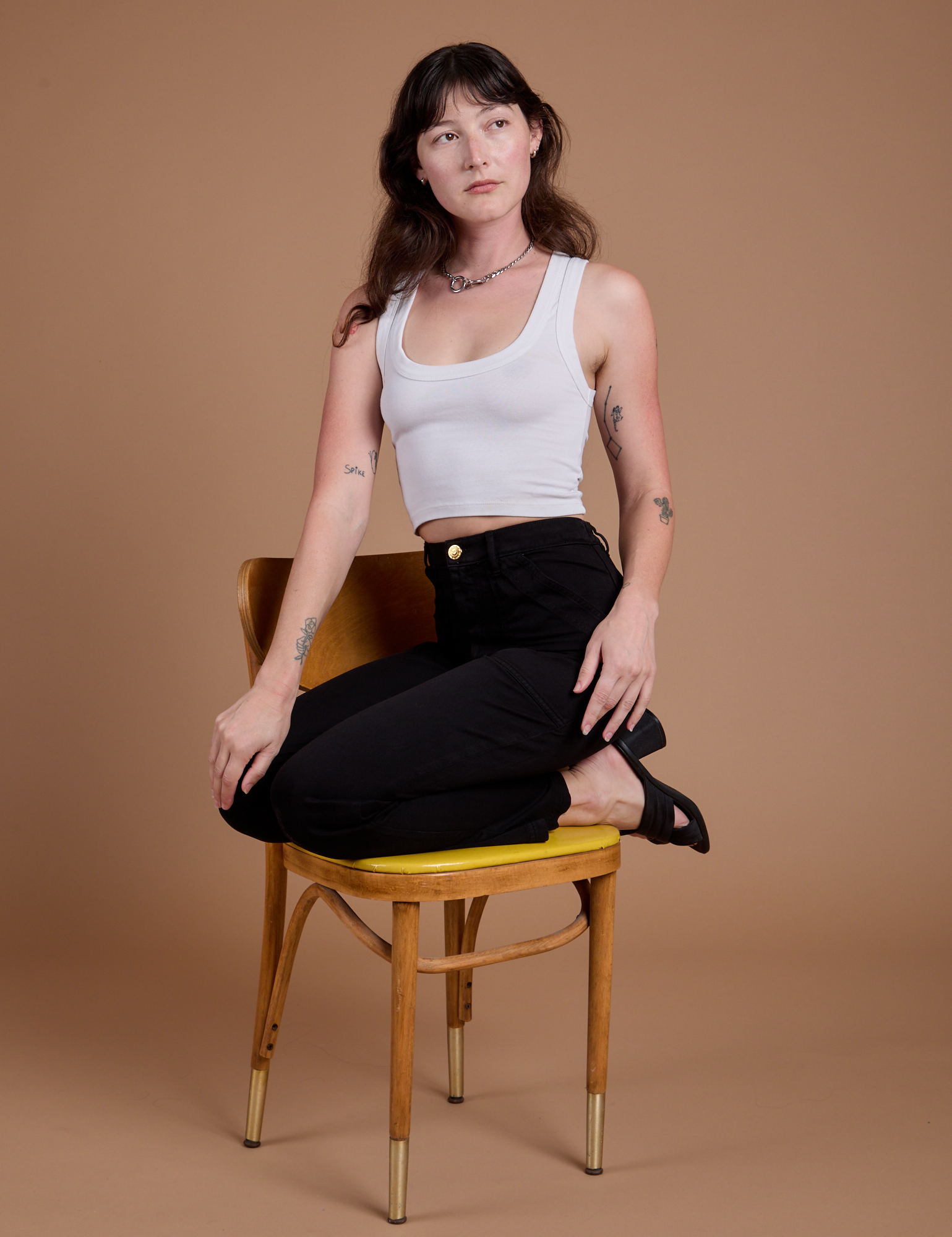 Organic Work Pants in Basic Black and Cropped Tank in Vintage Tee White on Alex