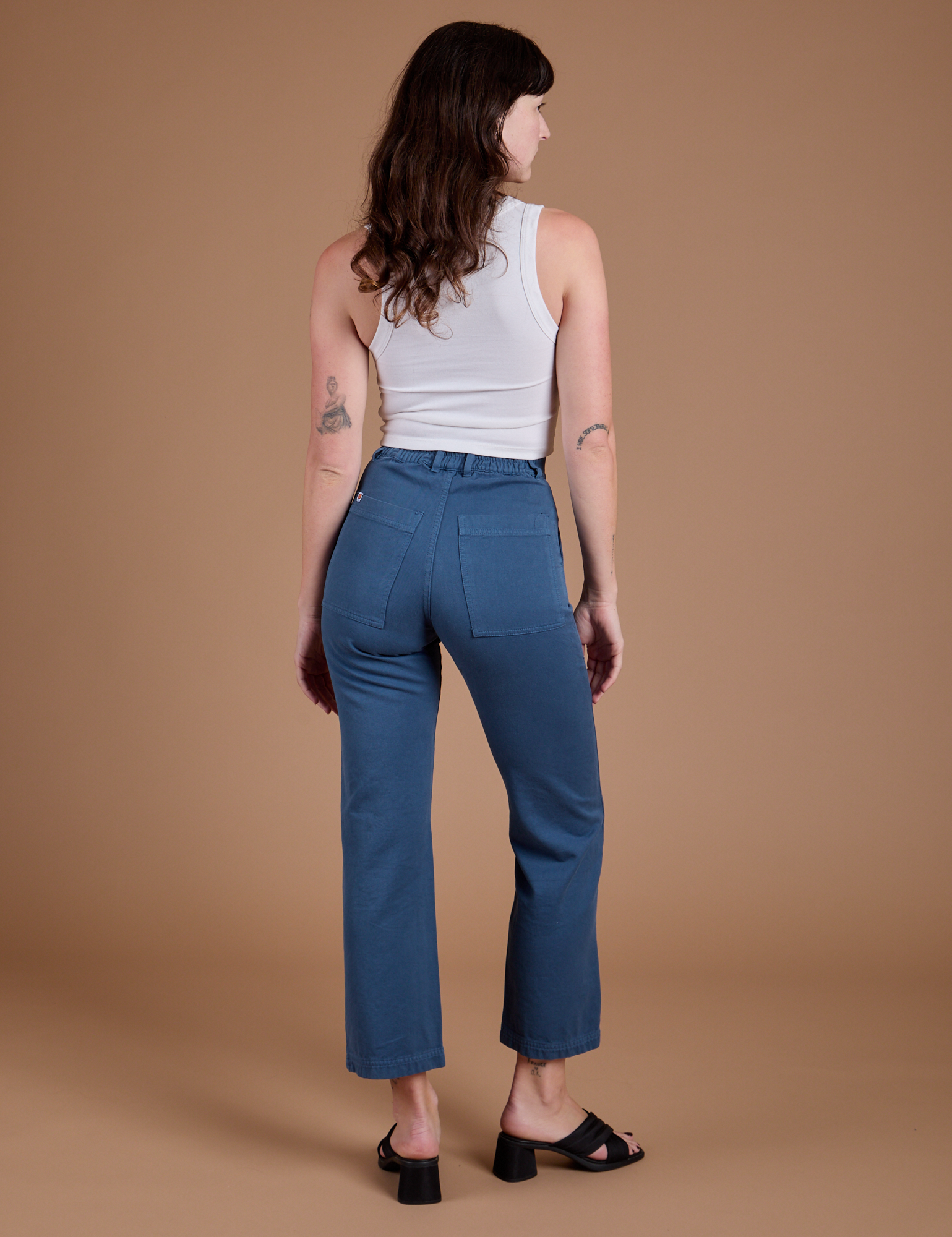 Organic Work Pants in French Blue back view on Alex