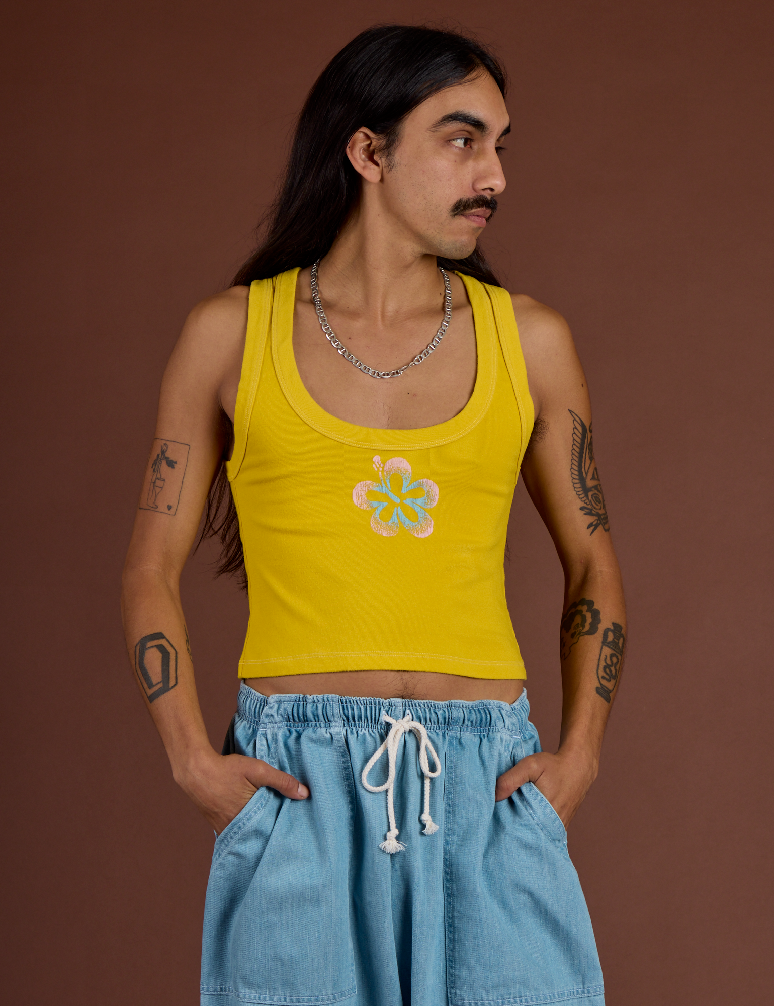 Icon Cropped Tank - Yellow Hibiscus