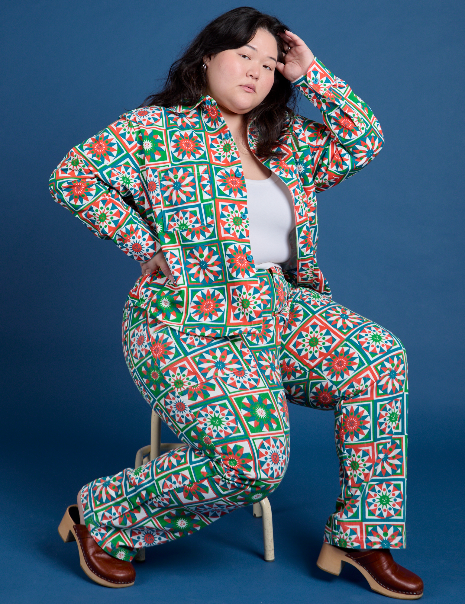 Ashley is wearing Work Pants in Quilt Print paired with matching Cropped Overshirt