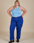 Juliet is wearing  Racerback Tank in Baby Blue and Work Pants in Royal Blue