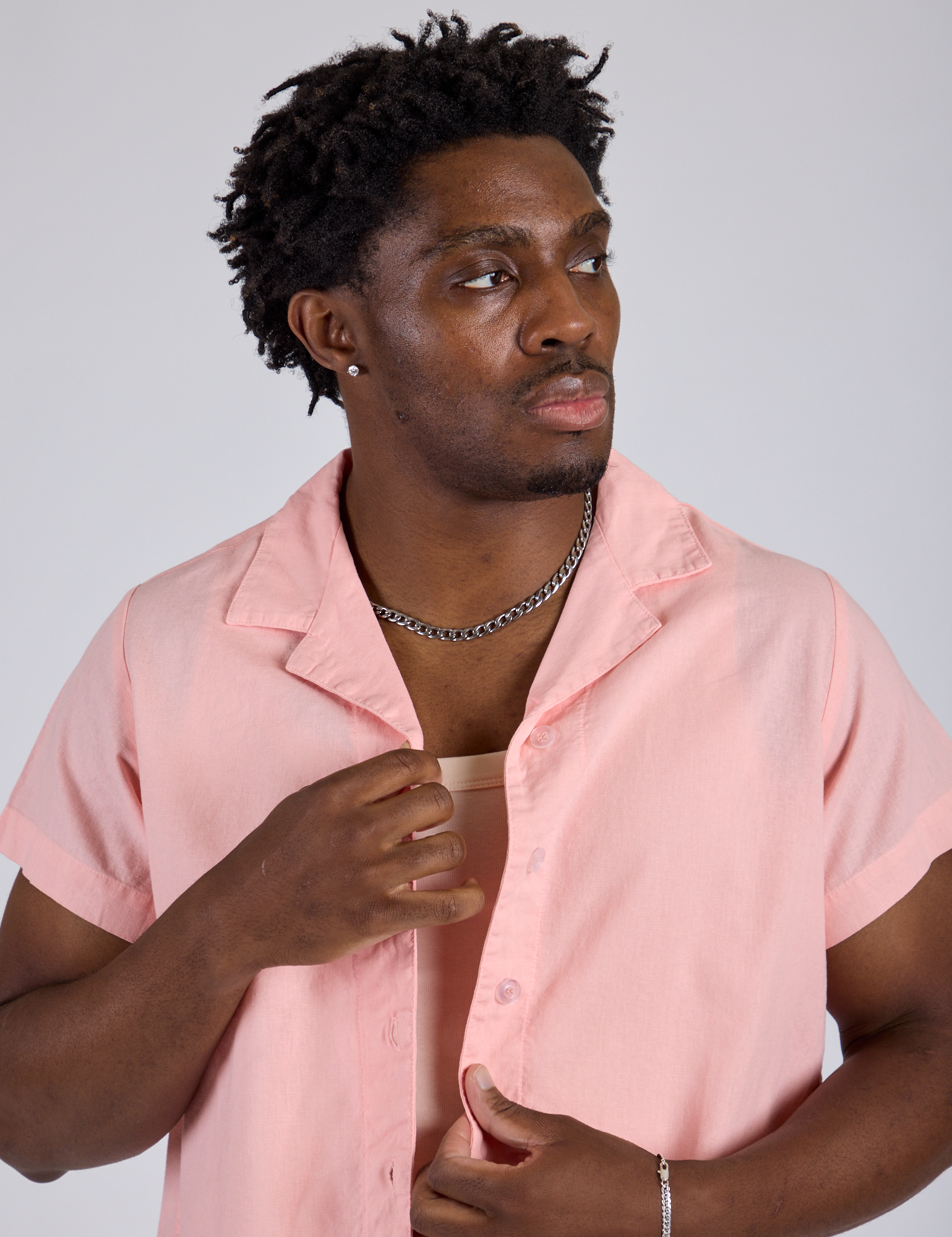 Pantry Button-Up in Baby Pink close up on Isaac