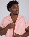 Pantry Button-Up in Baby Pink close up on Isaac
