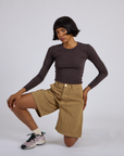 Longline Work Shorts in Desert Brown and espresso brown Long Sleeve Baby Tee on Kira