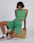 Longline Work Shorts in Seafoam Green and matching Muscle Tee on Kira