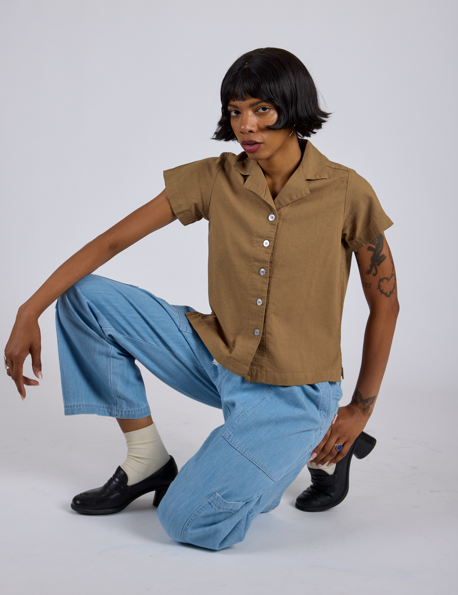Pantry Button-Up in Desert Brown and light wash Denim Drop Pocket Pants on Kira