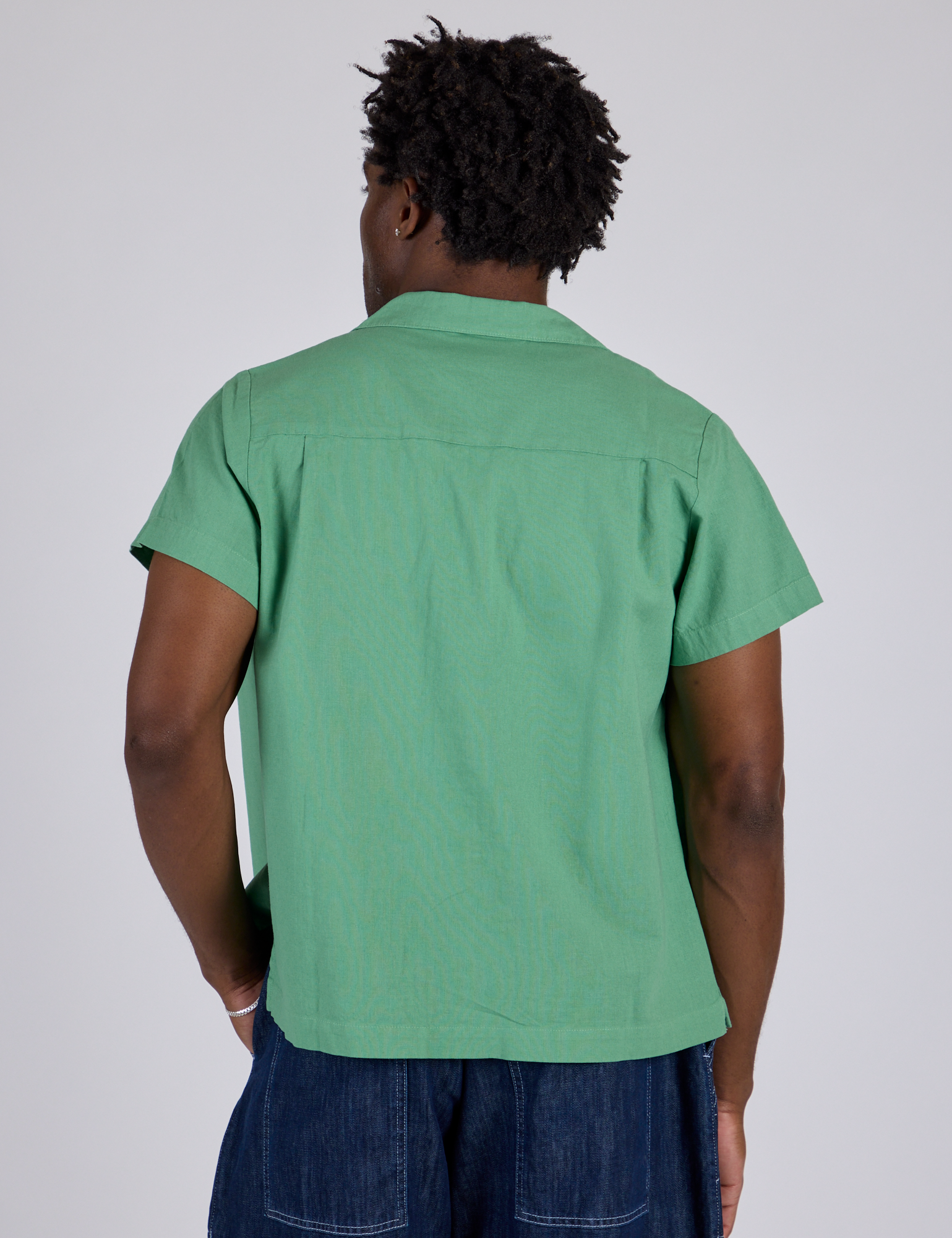 Pantry Button-Up in Seafoam Green back view on Isaac