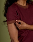 Close up of Vintage Ringer Tee in Red Wine sleeve 